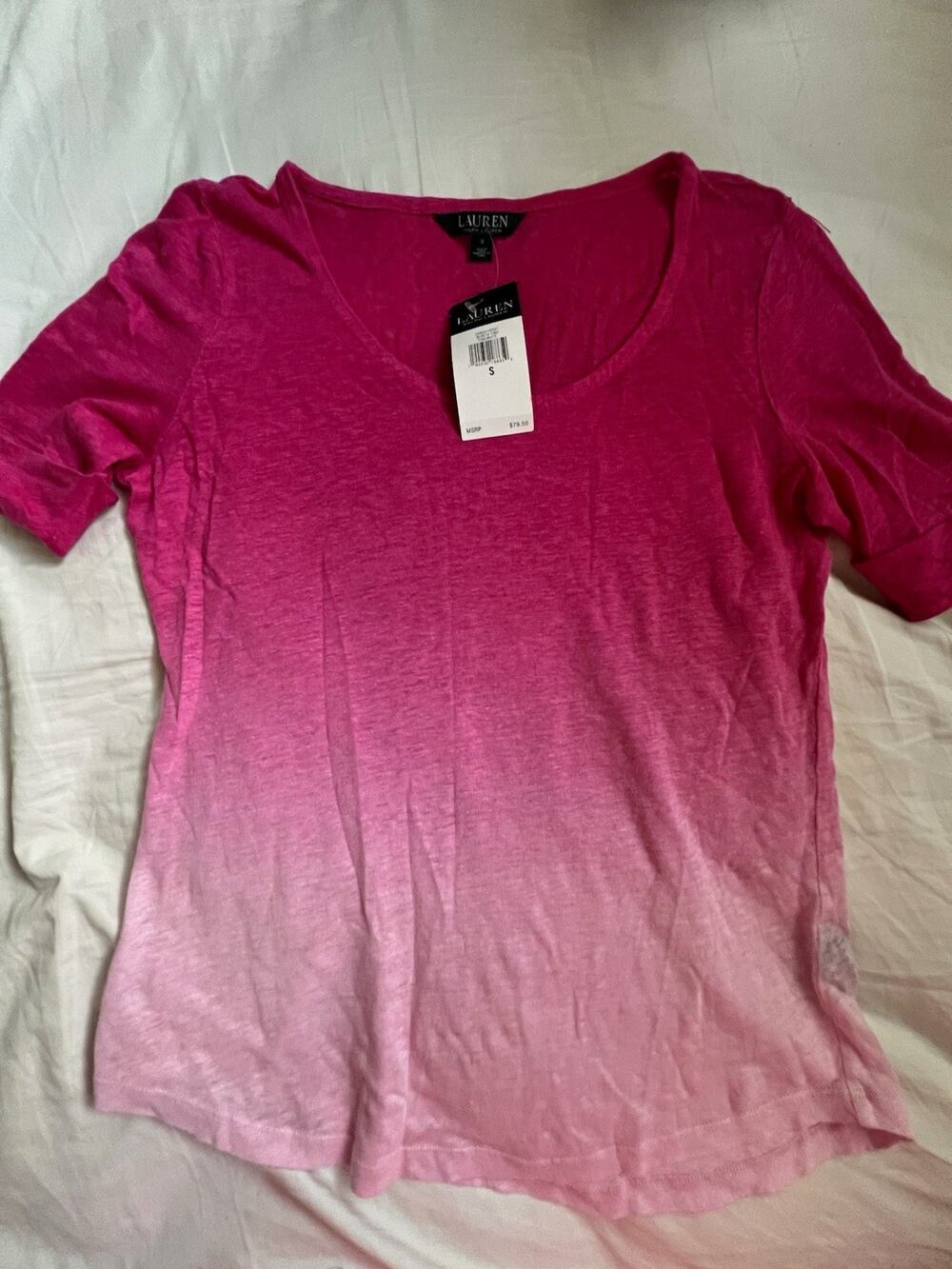 Lauren Ralph Lauren Linen Women’s Pink White Gradient Tee S NWT $79